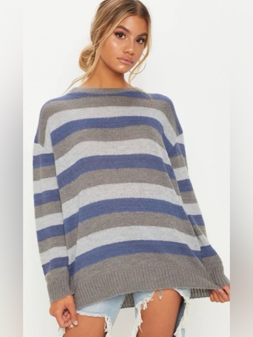 PrettyLittleThing Oversized Striped Sweater in Gray & Blue, Size S‎